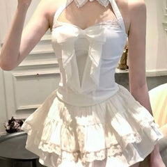 Lunivop Halter Patchwork Lace Bow Slim Fit Vest for Women+ Y2k High Waist Ruched A-line Cake Skirts 2025 Summer New Two Piece Sets