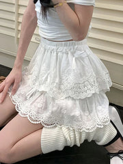 Lunivop Cute Bow White Skirts Women Sweet High Waist Lace Patchwork Mini Skirt Korean Fashion Preppy Style Lady Elegant Cake Skirts