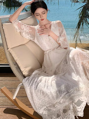 Lunivop White Lace Flora Embroidery Women Dresses Bodycon Summer Vacation V-neck Vintage Women's Clothing Elegant Maxi Vestido Lady New