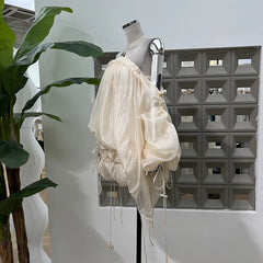 Lunivop Fashion Women Dress Full Sleeve Tassel Lace Folds Puff Drawstring Neck Shoulder Baring Female Party Dress New Tide