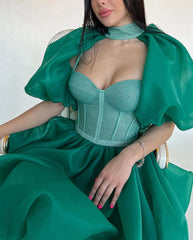 Lunivop Unique Green Puff Sleeves Organza Women Dress Sexy Fluffy Mini Cocktail Dresses Fashion Ruffles Mesh A Line Brithday Party Gown
