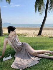 Lunivop Women's Summer Elegant Backless Long Dresses New Fashion Spaghetti Strap Evening Party Prom Split Bandage Ruffled Sexy Dress