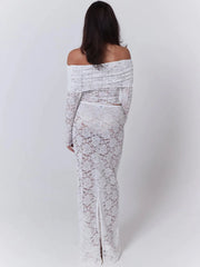 Lunivop Sexy See Through Lace Women Skirt Suit White Long Sleeve Off Shoulder Skirt Suit Female Summer Elegant Two Piece Sets
