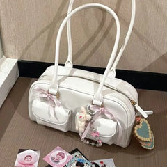 Lunivop Retro White Bowling Bag Purse Women Hot Girls Leather Pocket Chic Casual Handbag Female Vintage Shoulder Bags Aesthetic