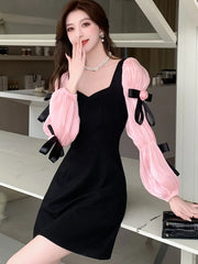 Lunivop Autumn Sweet Princess Party Mini Dress for Women Elegant Rose Floral Bow Puff Sleeve Birthday Prom Vestidos Mujer Female Outfits