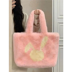 Lunivop Large Capacity Brown Shoulder Bags Women Harajuku Rabbit Pattern Plush Tote Bag Ladies Vintage Casual Handbags Aesthetic