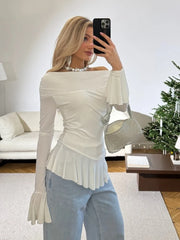 Lunivop Sexy Off Shoulder Ruffles Women T-shirt White Flare Sleeve Pullover T-shirt Female Spring Slim Elegant Party Streetwear