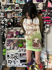 Lunivop Y2k Clothes Cartoon Star Graffiti Print Punk T-shirt Green Raglan Sleeves Loose Casual Aesthetic Long Sleeve Top Grunge Y2k