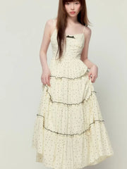 Lunivop Sweet Gentle Style Polka Dot Print Long Camisols Cake Dresses Women's Summer Spliced Lace V-neck Sleeveless Bow Suspender Dress