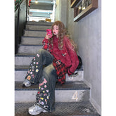 Lunivop Women's Retro Wide Leg Baggy Casual Printting Denim Trouser Harajuku Vintage High Waist Loose Jeans 2024 Winter Fashion Pants