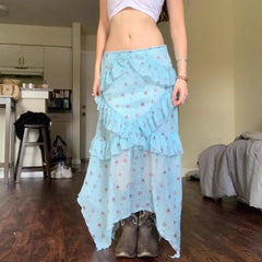 Lunivop Vintage Floral Skirt Women Boho Mesh Y2k Ruffle Skirts Irregular Summer Fashion Layered Vacation Long Skirts Streetwear