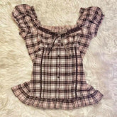 Lunivop Harajuku Literary O Neck Short Sleeve T Shirt Y2k Fashion Constrast Color Plaid Slim Thin Women Tops Single Breasted Punk Blouse