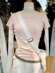 Lunivop Sweet Pink Striped Slim T-shirt Women Spring Round Neck Cotton Short Sleeve Tee Shirts Female Cute Preppy Style Y2K T shirts New