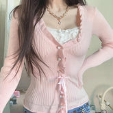Lunivop Cute Coquette Pink Sweater Sweet Ruched Lace Patchwork Full Sleeve Skinny Knitwears Women Fairycore y2k Pullovers Vintage