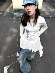 Lunivop Harajuku Irregular Lace Patchwork Tops Streetwear Print Fairy Graffiti Goth Women T-shirt Y2k Aesthetic Grunge Top Slim Fit Tees