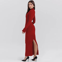 Lunivop Long Sleeve Elegant Evening Patchwork Zipper Bodycon Long Dress Winter Casual Clothes Wholesale Slit Back Y2K Outfit