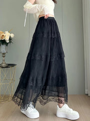 Lunivop Retro Sweet Black Long Skirt Women Casual Loose High Waist Elegant Skirt Vintage Lace Patchwork Korean Summer Long Skirts