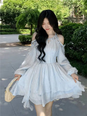 Lunivop Women's Chic Irregular Ruffles Shell Decoration Mini Dress Autumn Winter Long Sleeve Off Shoulder Fairy Evening Sequin Vestidos