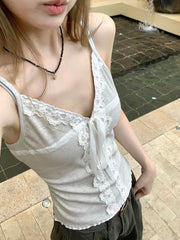 Lunivop Korea Chic Spice Girls V Neck Lace Sling Simple All-match Minority Slim Tanks Bow Patchwork Casual Exquisite Fashion Top
