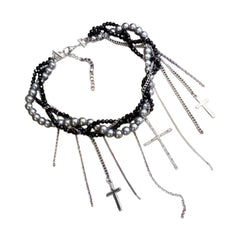 Lunivop Grunge Y2K Unique Pearls Entwined Chain Choker with Fringes Crucifix Charm Necklace Jewelry