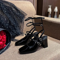 Lunivop New Black Sliver Retro Cross Strap Pumps Casual Mary Janes Square Toe Platform High Heels Woman Fashion Shallow Dress Shoes