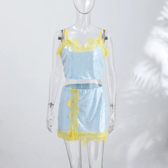 Lunivop Sexy Sequined Patchwork Women's Vest Skirts Suit Sleeveless Slip Top Split Skirt Summer 2 Pieces Set Women Vacation New