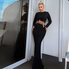 Lunivop O Neck Long Sleeve Hollow Out High Waist Crop Top Long Skirt Women'S Sets Elegant Evening Ladies Clothes Y2K