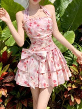 Lunivop Korean Retro Sweet Floral Halter Neck Dress Women Slim Bow Print Tiered Mini Dress Summer Fashion Popular Elegant Chic Outfits