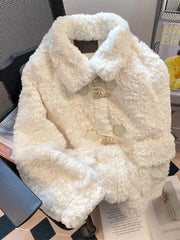 Lunivop Warm Faux Lamb Cute Coat Women Sweet Long Sleeve Winter Thick Jacket Casual Pockets Japan Kawaii Loose Soft Vintage Tops