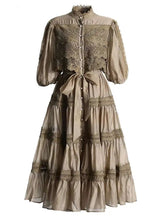 Lunivop Soliod Lace Splice Dresses Women's Round Neck Half Sleeve Single Breasted High Waist Elegant Dress Summer 2025 New