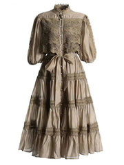 Lunivop Soliod Lace Splice Dresses Women's Round Neck Half Sleeve Single Breasted High Waist Elegant Dress Summer 2025 New