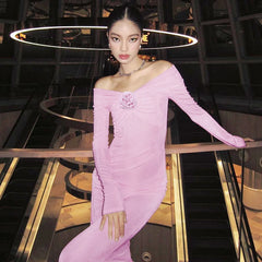 Lunivop Off The Shoulder Floral Pattern Elegant Evening Shirring Prom Ladies Dresses 2024 Casual Clothes Y2K Fall Korean Clothes