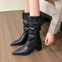 Lunivop Square Heel Women Western Cowgirl Boots Fashion Rivet Pointed Toe Mid-calf Boots Autumn Winter Ladies Elegant Short Booties