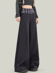 Lunivop Plaid Patchwork Suit Pant Women Vintage Casual Korean High Waist Trouser Autumn Retro Loose Elegant Black Wide Leg Pant New