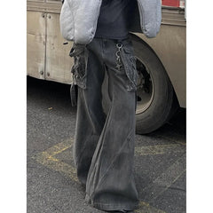 Lunivop Black Women Jeans High Waist Vintage Multiple Pockets Straight Y2K Baggy Denim Pants Street American Style Wide Leg Denim Trouse