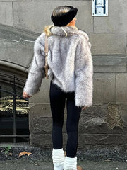 Lunivop Elegant Lapel Faux Fox Fur Short Coat Women Casual Loose Long Sleeve Jackets Female Winter Thickened Warm High Street Outwears