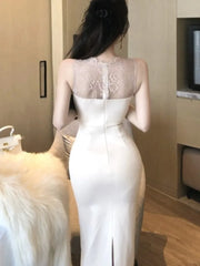 Lunivop Korean Lace Stitching Elegant Mid-length Party Dresses V-neck Hollow See Through Sexy Long Sleeve Dress Women Autumn New