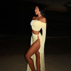 Lunivop Solid Beach Skirt Sets Women Sexy High Split Slim Bohemian Outfits Fashion Off The Shoulder Holiday Two Piece Set 2024 Beachwear