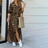 Lunivop New European American Spring Summer Casual Leopard Print Fashion Slit Extra Long Women's Shirt Dress