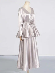 Lunivop Solid Two Piece Set Women's V-neck Long Sleeve Splicing Work Lace Top High Waist Midi Leather Wrinkle Skirt Female