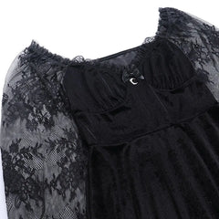 Lunivop Gothic Lolita Girl Lace Trim Velvet A-Line Dress Women Sexy Perspective Long Sleeve V Neck Slim Mini Dress Cosplay Party Costume