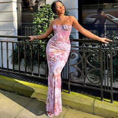 Lunivop Floral Print Slit Back Corset Bodycon Women'S Dresses Summer Vacation Y2K Streetwear Elegant Evening Casual Clothes