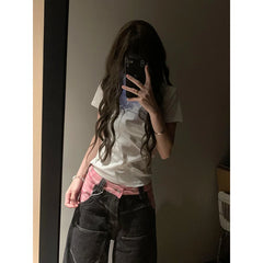 Lunivop Women's Splicing Black Jeans High Street Straight Leg Fashion Y2K Style American Summer Oversized Women's Loose Jeans 2025 NEW