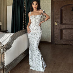 Lunivop V-Neck Halter Floral Print Floor-Length Dress Elegant Casual Temperament Commuter Design Sense Slim Dress For Women