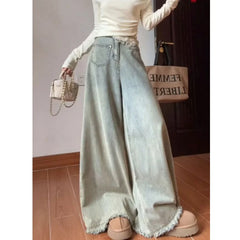 Lunivop Light Blue Flared Jeans for Tall Women, A/W High-Waisted Wide-Leg Distressed Hem Pants