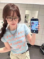 Lunivop Women T Shirts Letter Printed Short Sleeve Slim O Neck Sexy Vintage Y2k Tops Fashion Ladies Tops Casual Streetwear