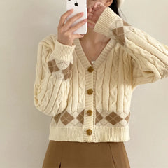 Lunivop Argyle Cable Knit Cardigan Sweater for Women Teen-girl Cozy Knitted Button Up Boxy Fit Sweater Preppy Chic Outfit