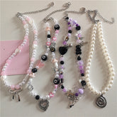 Lunivop Kpop Goth Vintage Y2K Bowknot Spiral Vortex Pendant Pearl Beaded Chain Necklace For Women Grunge EMO Jewely Aesthetic Accessory