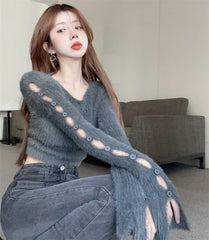 Lunivop Fuzzy Fitted Knit Top for Women Cut-out Buttoned Sleeve Bodycon Crop Sweater Pullovers Teen-girl Autumn Winter Y2K Outfit