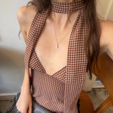 Lunivop Plaid Print All-match Sexy Deep V-Neck Backless Casual Halter Tops Y2K Summer Fashion Sweet Cute Daily Streetwear Vest
